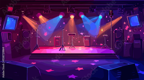Karaoke bar stage. Microphones stands for singers on scene with neon lights, nightclub inside room hall cartoon interior night pub disco club indoor background vector illustration