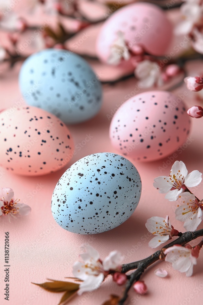Obraz premium Decorative vase with cherry blossoms and pastel eggs on a window sill during spring