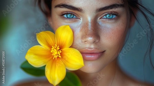 Young woman with blue eyes holding yellow flower against a neutral background