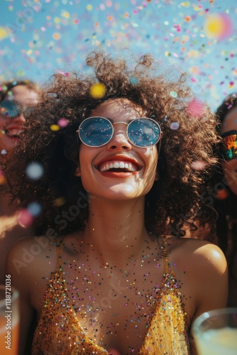 Joyful celebration with friends at an outdoor festival enjoying colorful conf...