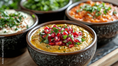 Delicious dish with grilled block of cheese, pomegranate seeds, and fresh her...