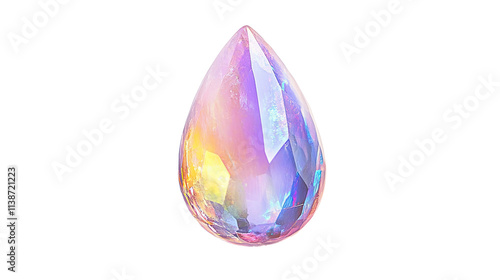 An iridescent opal gemstone, shaped like a teardrop, shimmers isolated on transparent white background