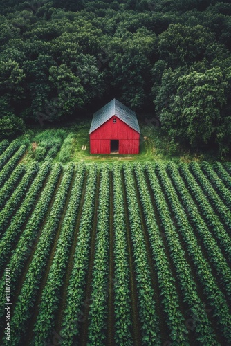 Red barn surrounded by lush green fields in a rural landscape during daytime