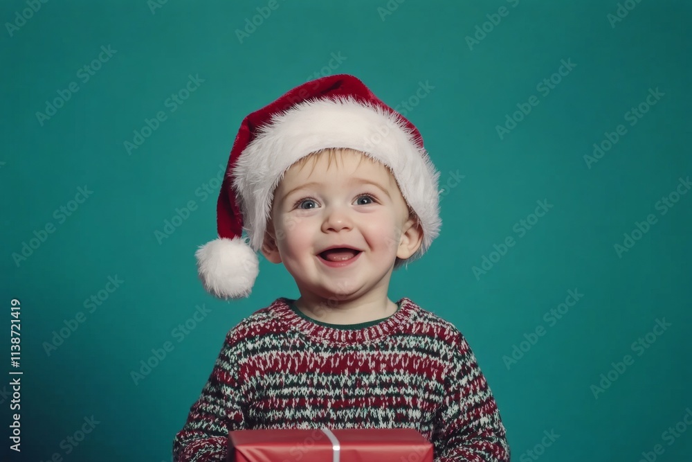 Copyspace. Isolated white white toddler boy in red christmas cap with package in hands, on blue background. Blue holiday photography. Professional studio christmas. Blue santa hat. Copyspace. Isolated white white toddler boy in red christmas cap with package in hands, on blue background. Blue holiday photography. Professional studio christmas. Blue santa hat.