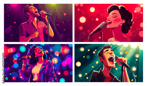Karaoke singers concept. Man and woman singer with microphones cartoon portraits, female male face open mouth sing in mic music song on musical stage spotlight lights vector illustration
