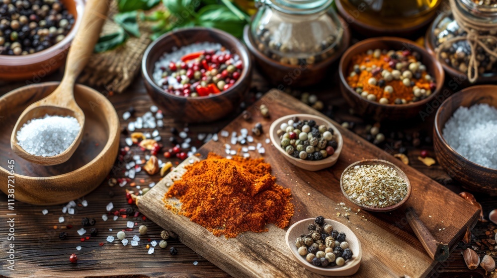 Spices, herbs, and seasonings displayed in wooden bowls Spices, herbs, and seasonings displayed in wooden bowls