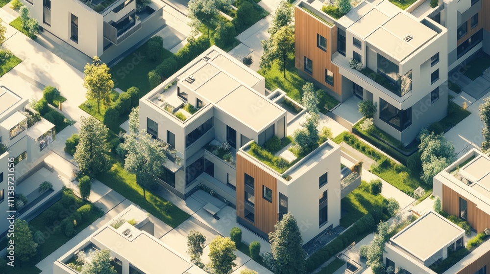 Fototapeta premium Aerial view of modern residential neighborhood with green spaces.