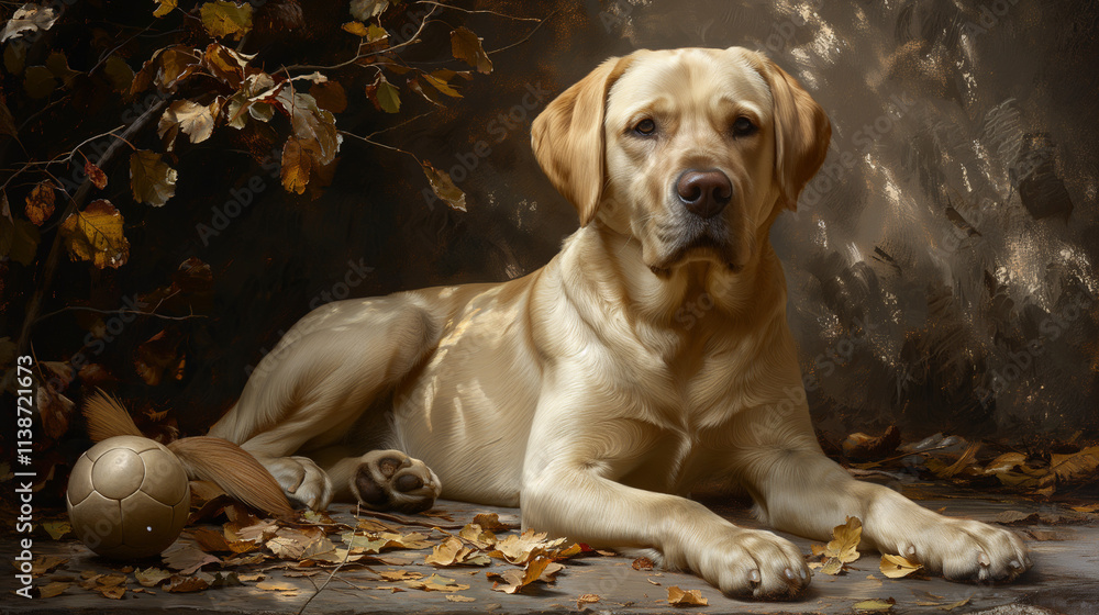 Golden Labrador Retriever lying with a ball among autumn leaves Golden Labrador Retriever lying with a ball among autumn leaves