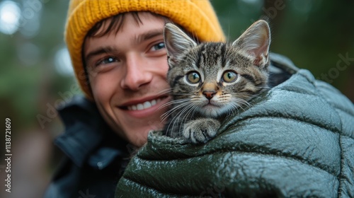 Cute kitten wrapped in colorful scarf indoors during winter season