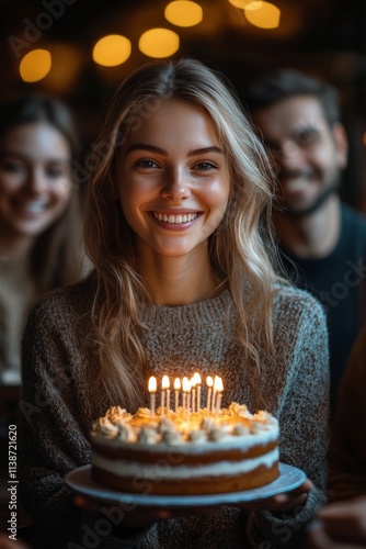 Happy birthday celebration with a smiling girl holding a decorated cake surro...