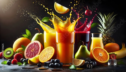 glasses of fresh fruit juice, liquid beverage splashes around, dark background