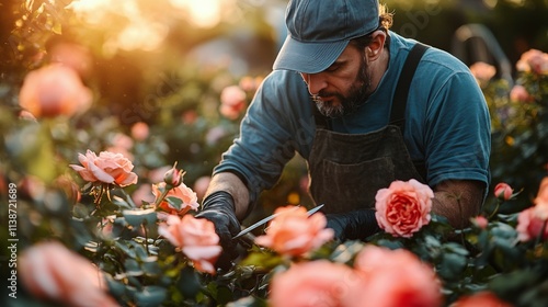 Skilled gardener pruning yellow roses in a flower field during early spring s...
