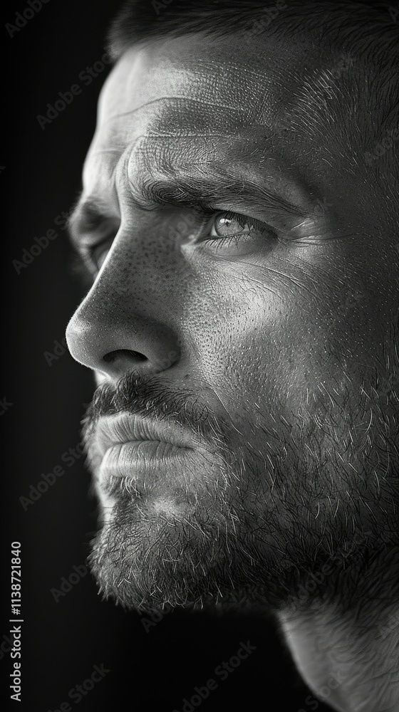 A close-up black and white portrait of a man with a thoughtful expression. A close-up black and white portrait of a man with a thoughtful expression.