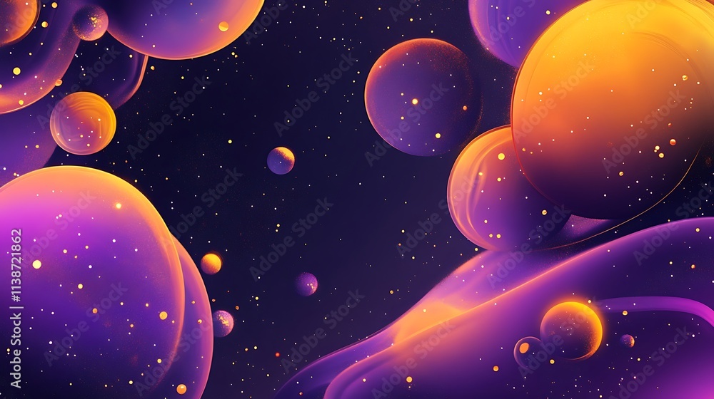 Fototapeta premium Abstract cosmic art: vibrant purple and orange spheres float in a dark space, shimmering with golden dust.