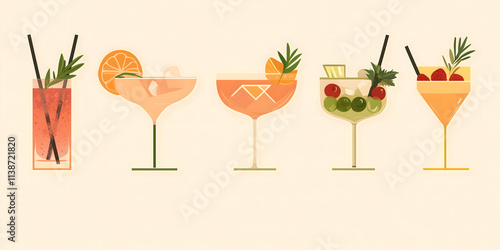 Illustration of assorted cocktails with elegant garnishes. Colorful cocktail set. Minimalist vector banner featuring classic cocktails. Stylized and modern drink menu artwork for events and parties.
