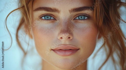 Close up of a young womans vibrant blue eyes with freckles and sunlit skin tones