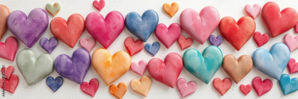 Fototapeta premium Vibrant watercolor hearts in assorted colors, perfect for Valentine's Day or romantic designs, summer, background