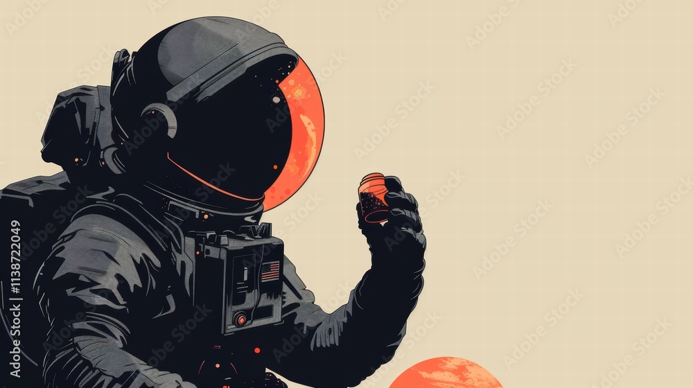 Astronaut in space suit examines sample near red planet. Astronaut in space suit examines sample near red planet.