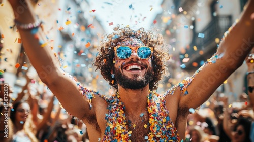 Celebration of joy and color during a lively street festival with confetti an...