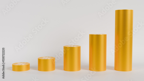 Stacks of gold coins growing in height, symbolizing financial success and prosperity. Perfect for business presentations, financial reports and projects that seek to convey a message of growth.