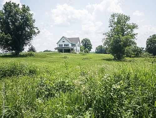 A solitary white house surrounded by lush green fields under a bright sky. photo