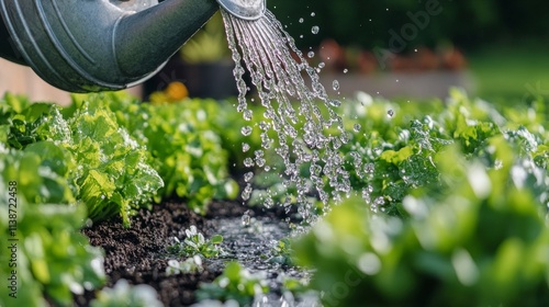 Gardening enthusiast watering plants in a home garden during sunny afternoon