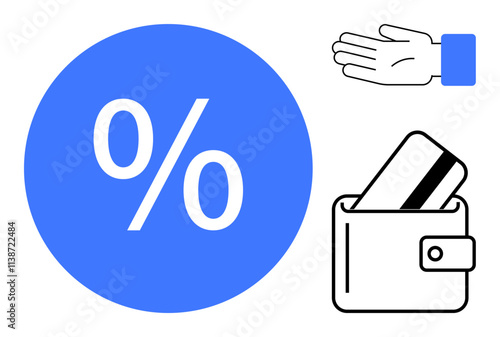 Blue percentage symbol inside a circle, wallet with credit card inserted, and a hand icon. Ideal for banking, finance, discounts, shopping, payment methods retail savings. Line metaphor