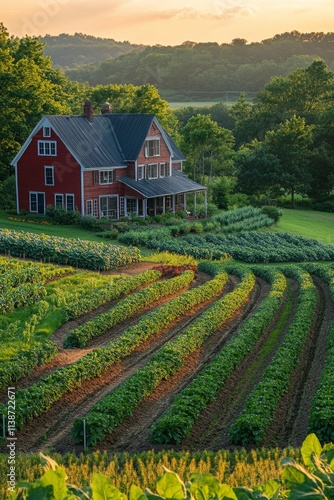 Red barn surrounded by lush green fields in a rural landscape during daytime