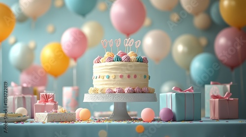 Colorful birthday celebration with cake and presents in a festive setting