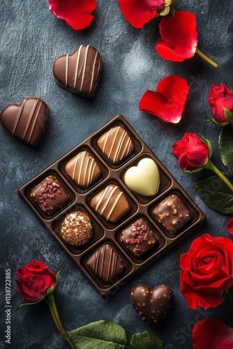 Delicious assortment of heart shaped chocolates on a decorative plate with ro...