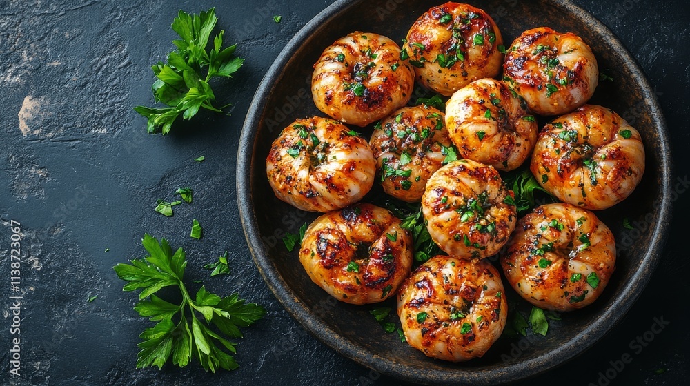 Savory garlic butter stuffed mushrooms served on a white plate Savory garlic butter stuffed mushrooms served on a white plate