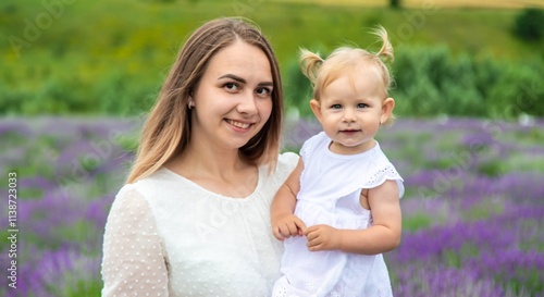 Happy mother and daughter in a lavender field