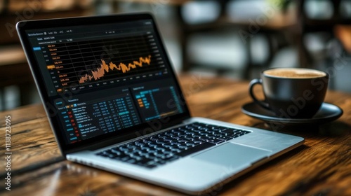 Focused work on financial analysis with coffee on a wooden table in a cozy ca...