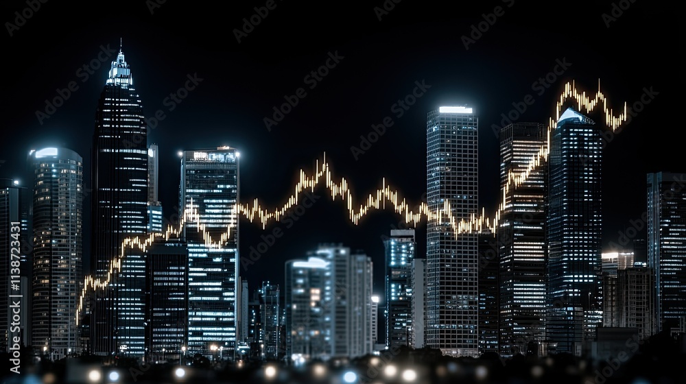 Obraz premium Bright lines illustrate stock market trends amidst a bustling city skyline, capturing the atmosphere of trading chaos and financial activity at night