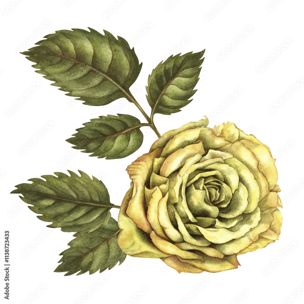 Obraz premium Yellow rose flower with green leaves, isolated on a white background. Watercolor botanical illustration template for wedding, birthday, mother's day, postcard, poster, wallpaper, sticker, scrapbook