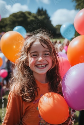 Joyful child holding colorful balloons at a summer festival in a park