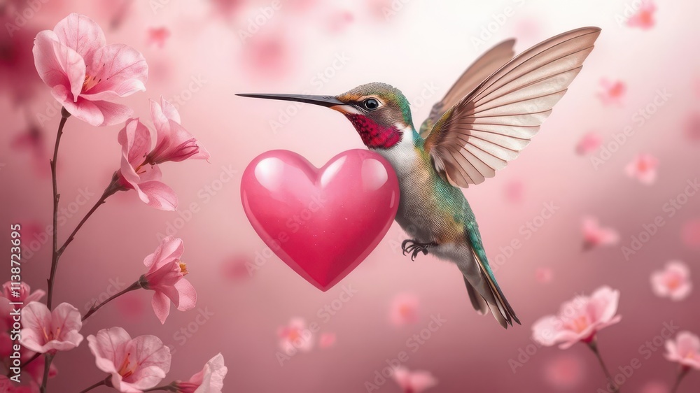 Fototapeta premium Elegant hummingbird with pink heart, vector Valentine's card, graphics,card,wings