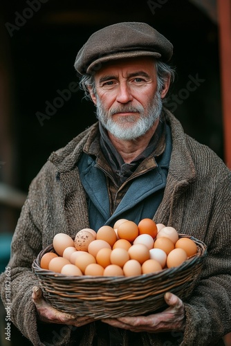 Elderly man holding a basket of fresh eggs at a farm in the countryside