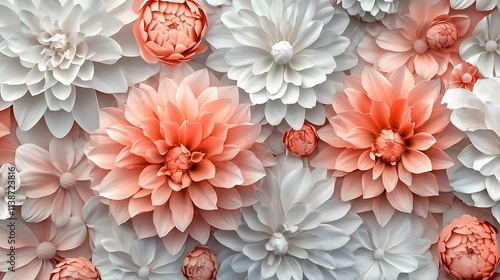 Coral and white paper flowers create a stunning floral arrangement.