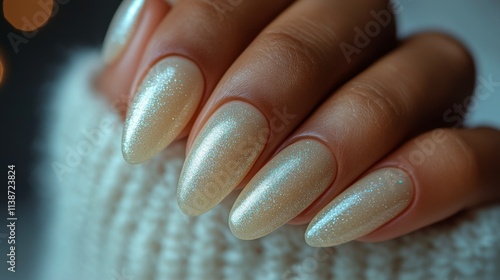 Elegant nude nails with subtle shimmer in a close up view of manicured hand