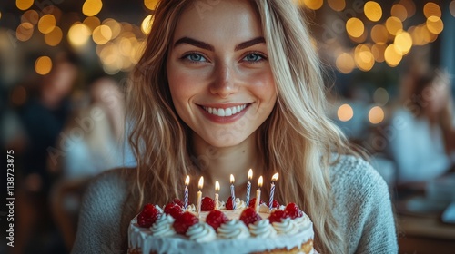 Celebrating a joyful birthday with friends and a delicious cake in a warm set...