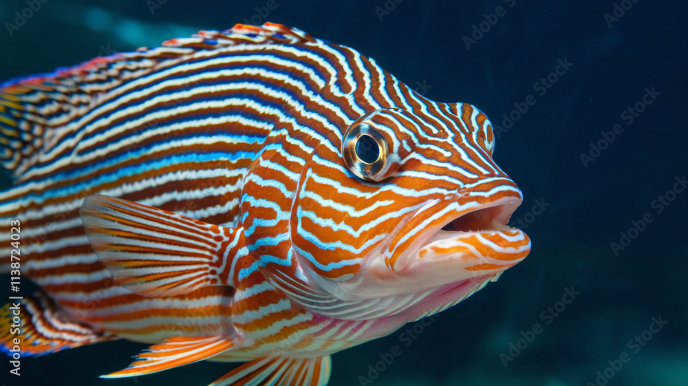Obraz premium Striped Reef Fish Underwater Closeup Portrait
