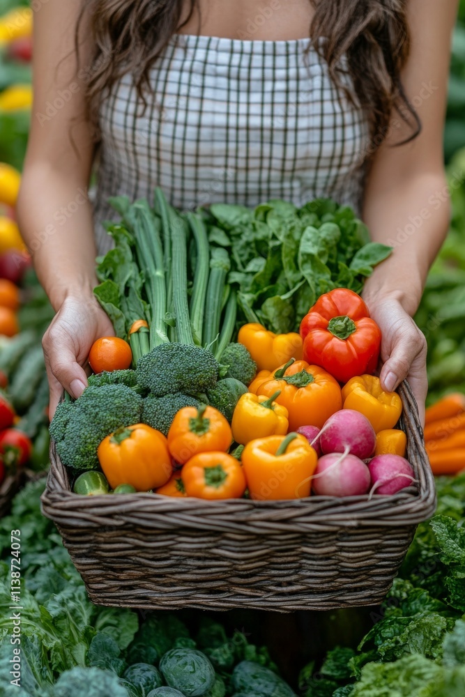 Fototapeta premium Freshly harvested organic vegetables in a woven basket held by a person in casual attire