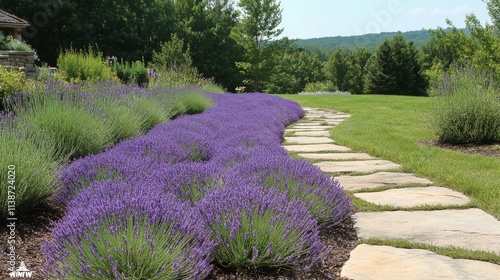 Expansive lavender garden lining a scenic stone pathway in bright daylight