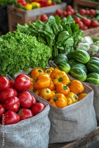 Fresh produce display at a farmers market with vibrant vegetables and greens