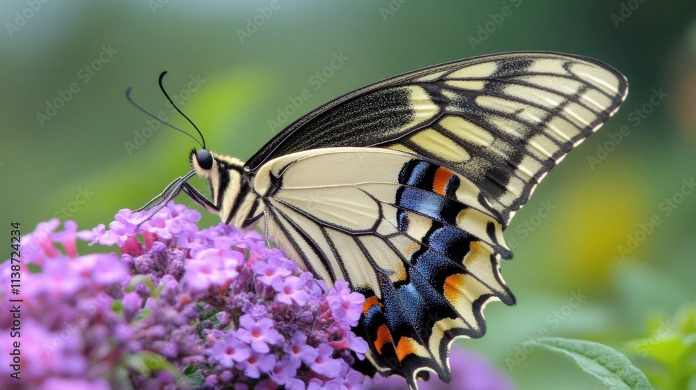 Fototapeta premium Close-up of a swallowtail butterfly feeding on purple flowers.