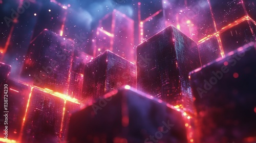 Vibrant neon triangles glowing in a dark reflective environment with water