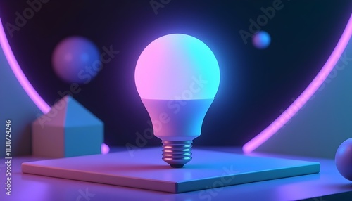 3D render of a futuristic light bulb with a holographic display, hovering in mid-air with a sci-fi background create with ai