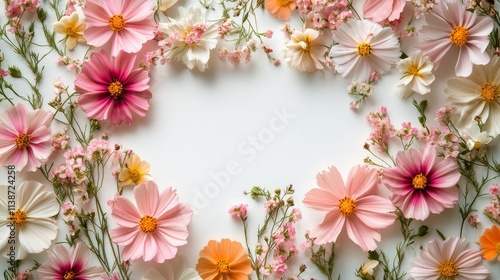 Floral arrangement in soft pastel colors creating a heart shape on a blank ba...