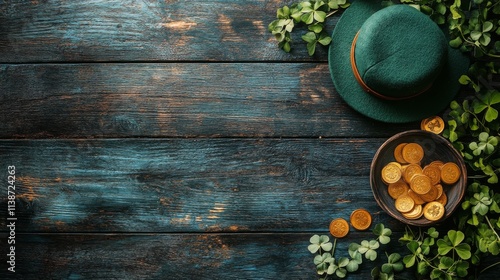 Green hat and gold coins arranged with clovers on wooden surface for festive ...